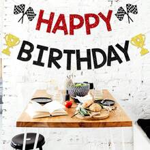 Black Red First Lap Around The Track Banner - Vintage Race Car Birthday Banner - Trophy Checkered Flag Sign, Bruh Birrthday Decor, Retro Pastel Race Car Let's Go Racing Birthday Party Decorations - Red and Black - View 4