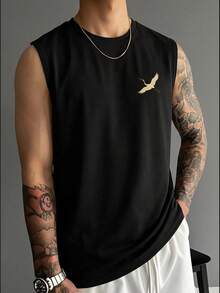 Men's Summer Fashion Versatile Japanese Retro Wave & Crane Print Sleeveless Top - Black - View 2