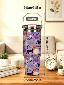 1pc/5pcs 30oz Halloween Witch Black Cat Stainless Steel Insulated Tumbler With Handle And Straw, Cute Black Cat, Witch Hat, Pumpkin And Spider Web Print, Leak-Proof Flip Lid, Suitable For Travel, Work, Fitness And Daily Outdoor Use - Light Purple - Black Cat Pumpkin - View 3