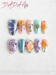 10pcs Short Almond Handmade Press On Nails, Pastel Gradient Y2K Nails Cute Nails, 3D Silver Metal Line Flower Swirl Design With Colorful Rhinestone Decor, Glossy Summer Nails Ideal For 4th Of July, Wedding, Graduation, Prom Daily Wear - Multicolor - View 3