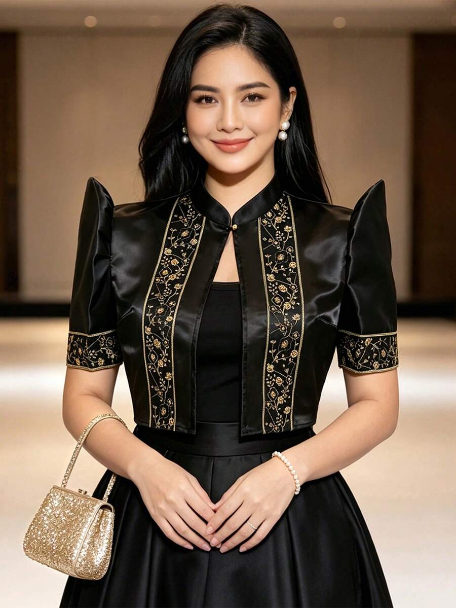 1件女款蝴蝶袖菲律賓風上衣,夏季時尚優雅泡泡短袖上衣 - 黑色 - 查看 1