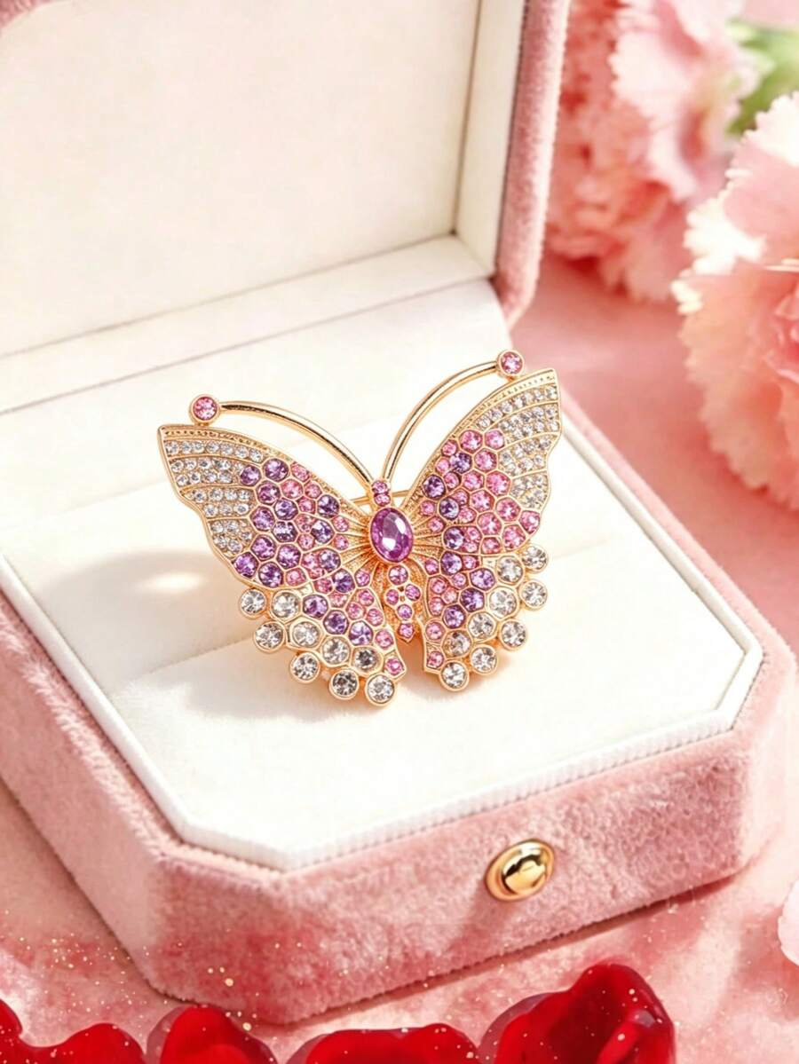 1PC Elegant Butterfly Shaped Brooch Decorated With Shiny Rhinestones Clothing Lapel Pin Women Dress Coat Sweater Brooch Accessories - Purple - View 1