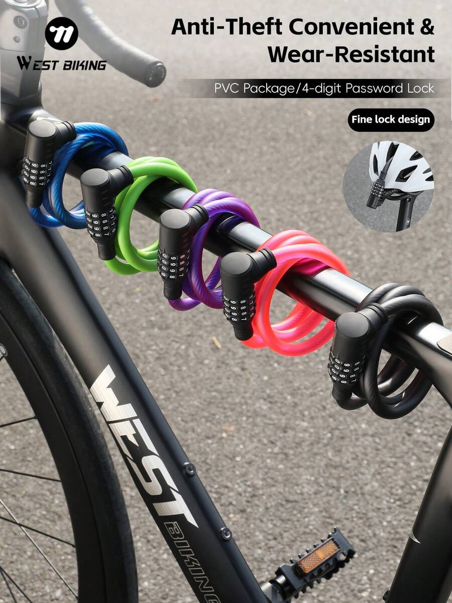 WEST BIKING 1m Color Bike Combination Lock Waterproof And Durable PVC Wrapped Steel Cable Cycling Anti Theft Gear - Multicolor - View 1