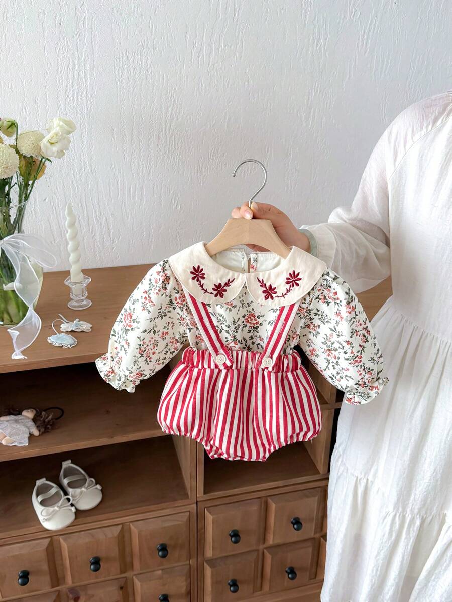 Miniweenns 2 قطعة/مجموعة قميص طويل الأكمام بطبعة كاملة مطرزة وياقة بيتر بان لطيف وكاجوال + شورت أوفرول مخطط للبنات الصغيرات