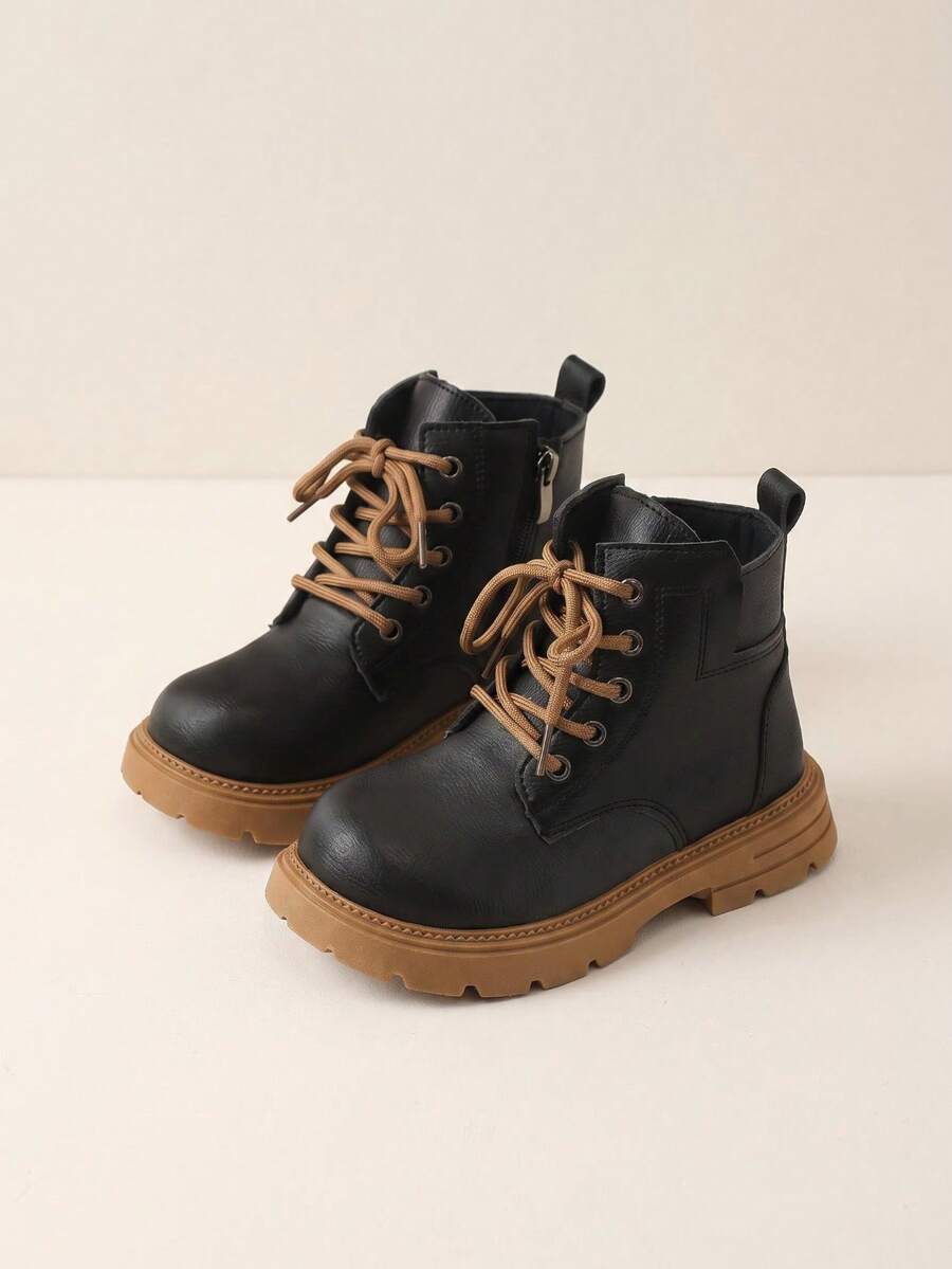 1 Pair 2026 New Children's Lace-Up Work Boots, Side Zipper Thick Sole Design, Cool Casual Style, Suitable For Daily Outings And School Wear - Brown - View 1