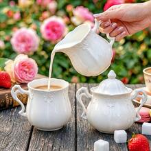 Vintage Milk & Sugar Canister Set With Coffee Mug, Embossed White Ceramic Milk Pitcher, Lidded Sugar Jar And Teacup, French Country Style Drinkware, Suitable For Afternoon Tea, Home Coffee Bar Decor - White - View 11