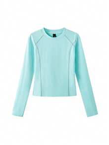 Niche Unique Design Square Shoulder Long Sleeve T-Shirt For Women, Hot Girl Solid Color Autumn Inner Layer Mint Green Y2K Top - Mint Green - View 6