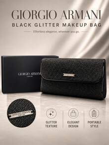 Giorgio Armani Armani Black Glitter Makeup Bag, Single Item, Magnetic Flip-Top, Exquisite Large Capacity, Perfect For Travel And On-The-Go Makeup Storage - Black - View 2