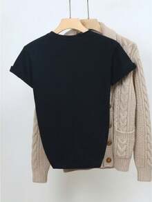 Soft And Fluffy,Pure Comfort,Retro Design,With Heart-Shaped And Letter Patterns,It Is A Versatile Item T Shirt. - 黑色 - 查看 3