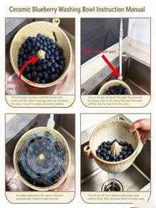 穿孔陶瓷莓果碗，自清洗莓果洗滌陶瓷碗，7英吋穿孔陶瓷莓果籃，旋轉功能自旋渦流陶瓷莓果洗滌碗，廚房檯面水果沖洗碗 - 彩色 - 查看 4