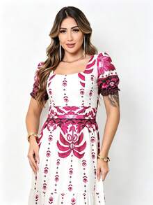 Elegant Long-Sleeve Women's Printed Dress - 玫紅 - 查看 3