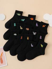 5/10 Pasang Kaos Kaki Anak-Anak Motif Dinosaurus Bordir Kartun Lucu, Kembali ke Sekolah, Pengiriman Acak - Hitam - View 4