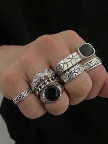 8pcs Vintage Antique Silver Black Stone Stackable Rings Set For Men, Gothic Carved Chain Twist Band Rings, Hip Hop Punk Style Cool Men's Jewelry Gift - White K - View 9