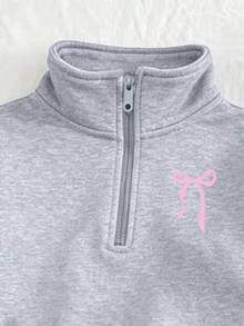2pcs Girls Pink Bow Print Half-Zip Hooded Sweatshirt And Pants Set, Autumn/Winter Fashion Comfortable Outfit - Grey - View 5
