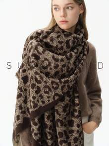 1pc Women's Leopard Print Fashion Elegant Polyester Faux Mink Fur Scarf, Warm For Autumn/Winter, Daily Wear, Halloween - Coffee - View 9