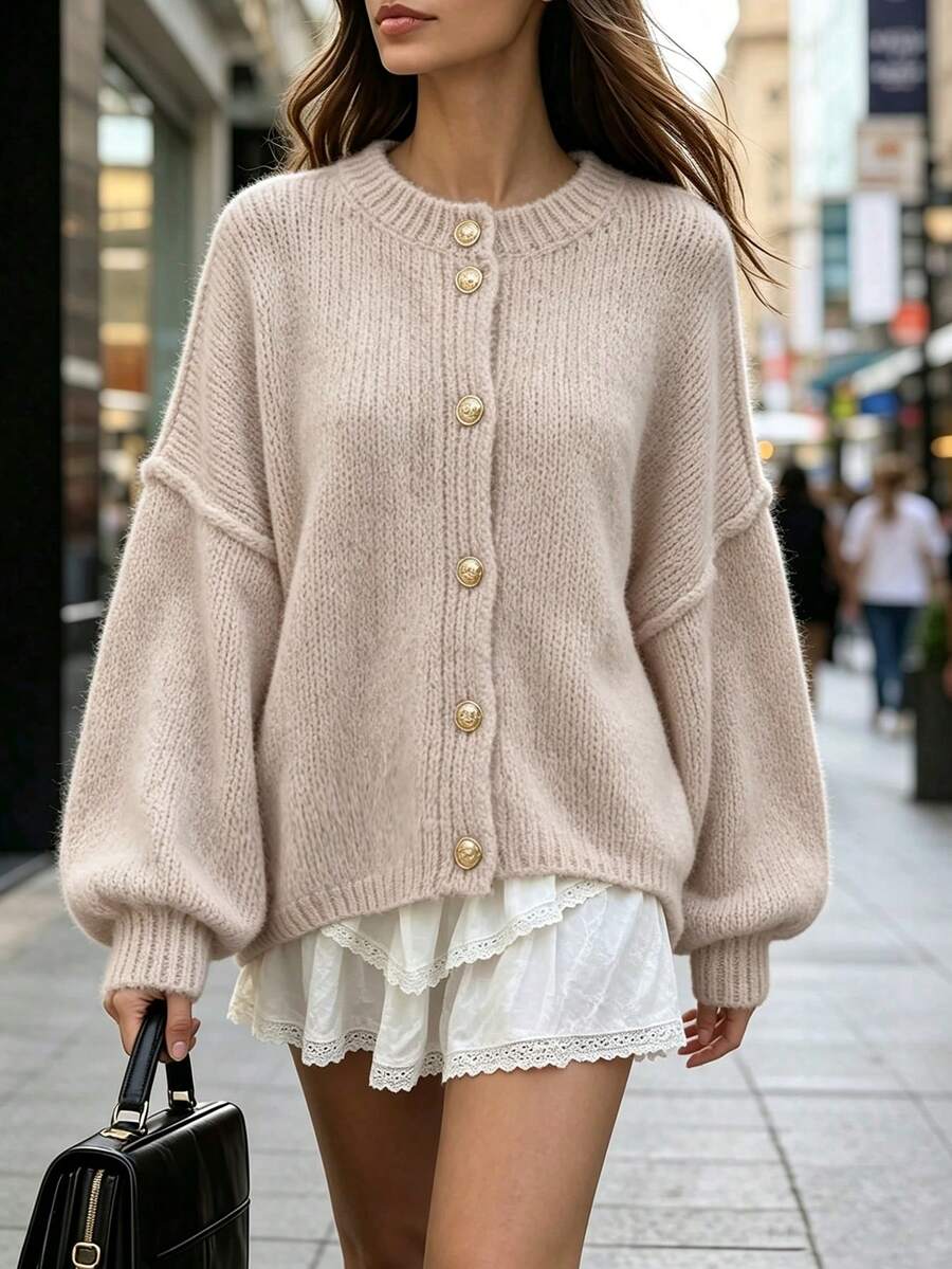 Women's Oversized Crew Neck Metal Button Loose Casual Solid Color Lantern Sleeve Thick Knit Cardigan Sweater Jacket, Y2K Style, Autumn/Winter