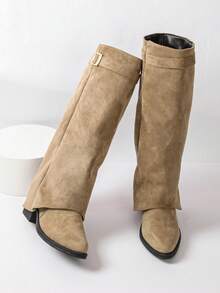 Maillard Suede Tall Boots For Women, Autumn/Winter, Foldable 2-In-1 Design With Belt Buckle, Wedge Heel, Knight Boots, Slimming For Thick Legs, High Shaft - Khaki - View 5