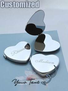 1pc Personalized Engraved Heart-Shaped Vanity Mirror, Customized Silver Pocket Makeup Mirror With Name, Perfect Bridesmaid, Wedding, Birthday And Anniversary Gift, Christmas Beauty Accessory - Multicolor - View 7