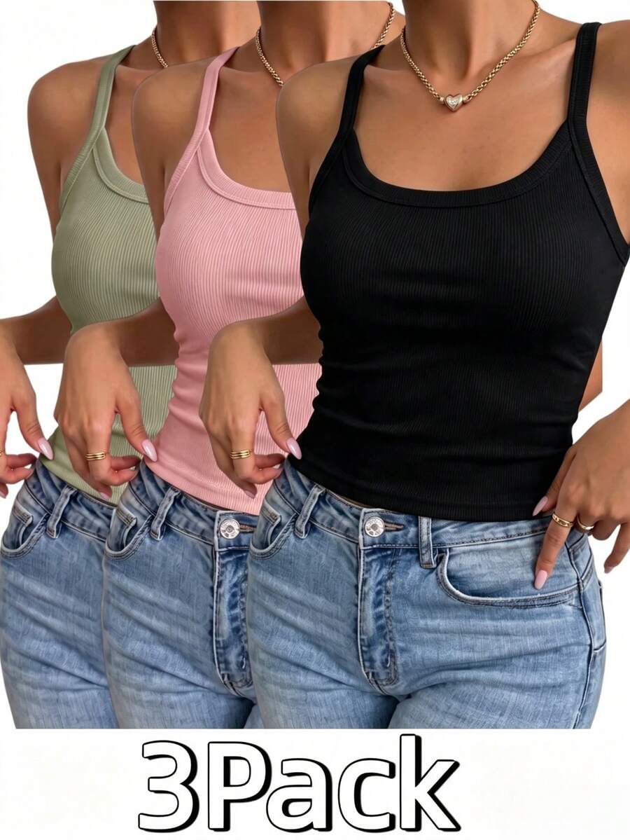 3pcs/Pack U-Neck Ribbed Thin Strap Camisole, Short Fitted Sleeveless Tank Top For Women, Spring/Summer Sexy Style, Versatile Outerwear And Inner Layer - Multicolor - View 1