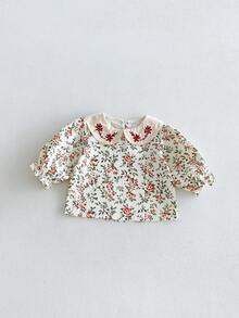 Miniweenns 2 قطعة/مجموعة قميص طويل الأكمام بطبعة كاملة مطرزة وياقة بيتر بان لطيف وكاجوال + شورت أوفرول مخطط للبنات الصغيرات - متعدد الألوان - مشاهدة 9