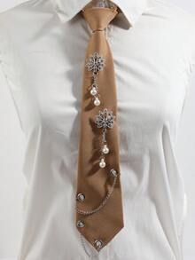 1pc Rhinestone Lotus Pearl Chain Decor Shirt Accessory Niche Luxury Women's Tie - Multicolor - View 1