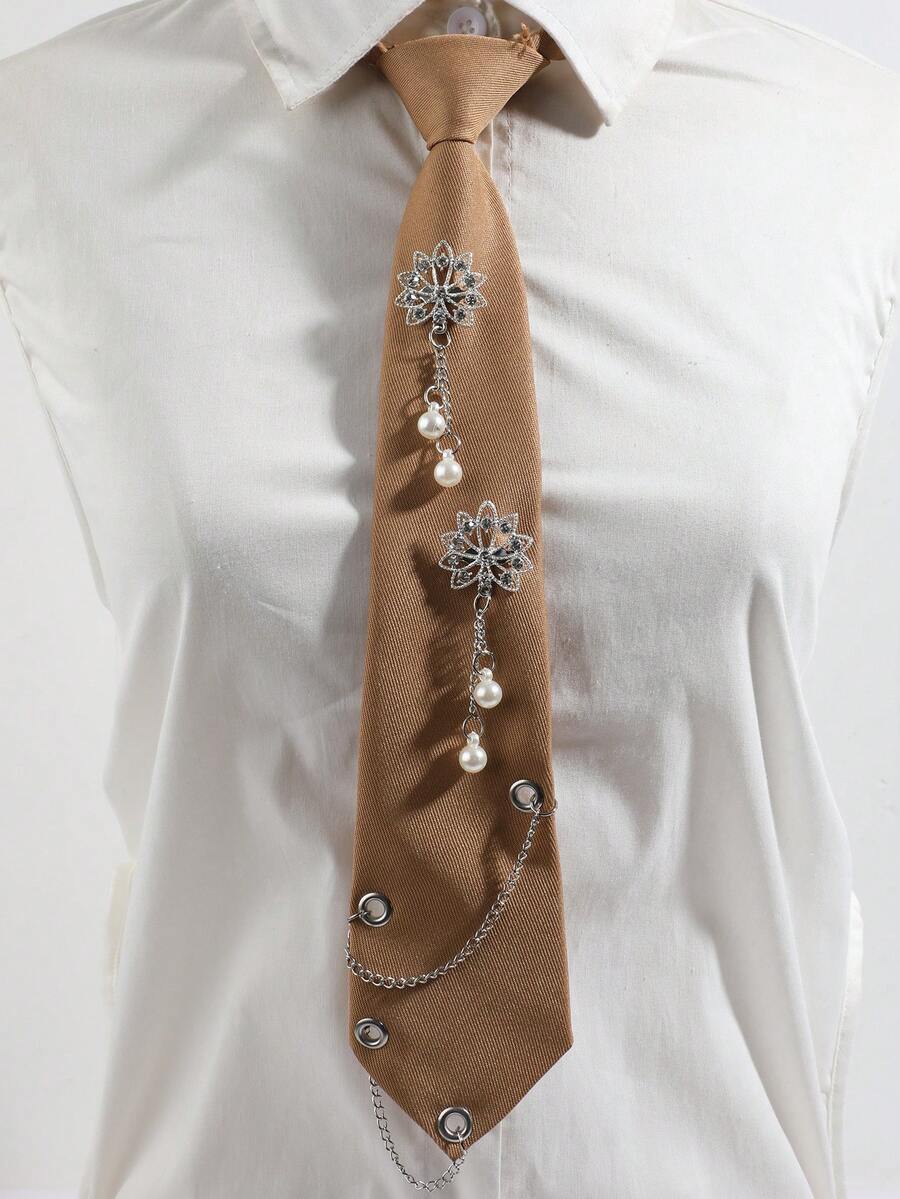 1pc Rhinestone Lotus Pearl Chain Decor Shirt Accessory Niche Luxury Women's Tie - Multicolor - View 1