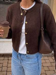 Women's Casual Cute Y2K Gold Button Long Sleeve Knit Cardigan Sweater , French Style Autumn/Winter Outing Back To School Date Commute Brown - Brown - View 3