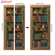 2Pcs/Set Vintage Fake Bookshelf Door Stickers Cottage Core 2D Visual Ivy Plant Bookcase Removable PVC Illusion Vertical Wall Decals For Bedroom Hidden Door Home Decor - A - View 3