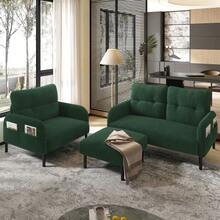 Cord 3-Piece Set: Armchair + Ottoman + 2-Seater Sofa With Side Pocket, Steel Tube Frame & Extra-Soft Backrest, Deep Seat For Maximum Comfort, Modularly Combinable For Living Room, Emerald Green - Emerald - View 1