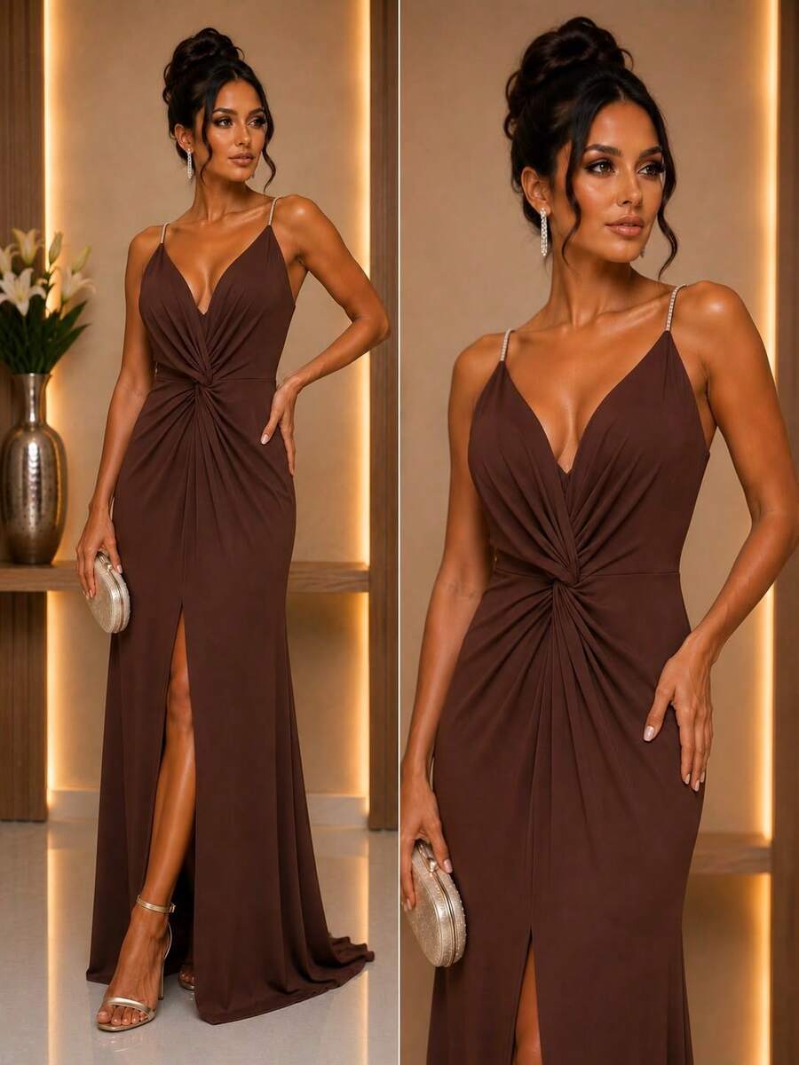 Inexpensive Bridesmaid Dress For Parties, Guests, Receptions, Graduations, Without Glitter, Open On The Side. - 鏽棕色 - 查看 1