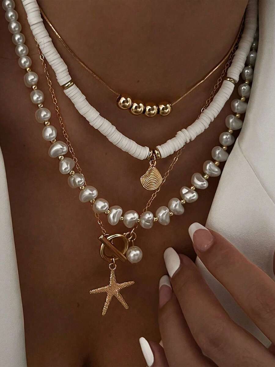 4件組度假海灘貝殼項鍊套組，巴洛克仿珍珠復古波希米亞風女款項鍊，海岸風