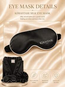 Kérastase Black Bathrobe, Eye Mask, And Hair Scrunchie 3-Piece Set, One Size F (170/88A), Smooth Satin, Lightweight And Breathable, Suitable For Home Relaxation, Business Trips, And Travel - Black - View 8