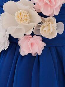 Baby Girls Thick Strap 3D Flower Mesh Flower Girl Dress, Suitable For Birthday Party, Headband Not Included - Royal Blue - View 8