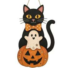 Creative Hot-Selling 2D Flat Halloween Cat Door Hanging Wooden Black Cat Ghost Pumpkin Sign - Multicolor - View 2