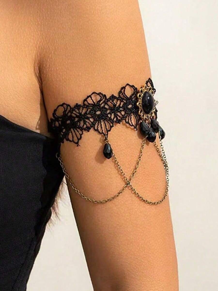 outingfit 1pc New Minimalist Rhinestone Arm Bracelet For Women, Niche Design Fashion Water Drop Bracelet, Black Dark Gothic Style Halloween Outfit Accessory - Gold - View 1