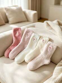 5 Pairs Soft Plush Embroidered Bow Short Socks, Warm Thermal Lined Comfortable Home Sleep Socks, Sweet Macaron Color Girls Daily Wear Socks - Multicolor - View 2