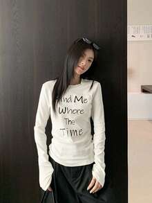 Women's Spring/Autumn Inner Layer Round Neck Regular Shoulder Slim Fit Base Layer Top With Letter Print Long Sleeve White T-Shirt - White - View 2