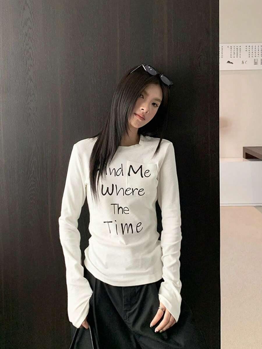 Women's Spring/Autumn Inner Layer Round Neck Regular Shoulder Slim Fit Base Layer Top With Letter Print Long Sleeve White T-Shirt