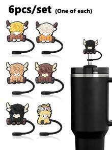 6/3/1pc Highland Cow Silicone Straw Cap Set, Cute Cow-Shaped Straw Top Cover, Fits 30oz And 40oz Handle Tumblers, 10mm Universal Straw Dust Cap, Reusable Dust-Proof Straw Plug, Home Travel School Office Car Daily Drinking Cup Accessories - Multicolor - View 13