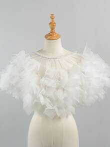 1pc Fluffy Petal Tulle Bridal Shawl, Off-Shoulder Mesh Cape, Wedding Photography Evening Dress Ruffle Short Shawl, Bridal Gown Decorative Accessory - A - View 8