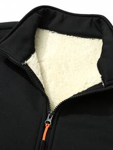 Men's Solid Color Stand Collar Thermal Lined Vest, Spring/Autumn/Winter Lambswool Lining Sleeveless Jacket, Casual Zipper Pocket Warm Vest - Black - View 5
