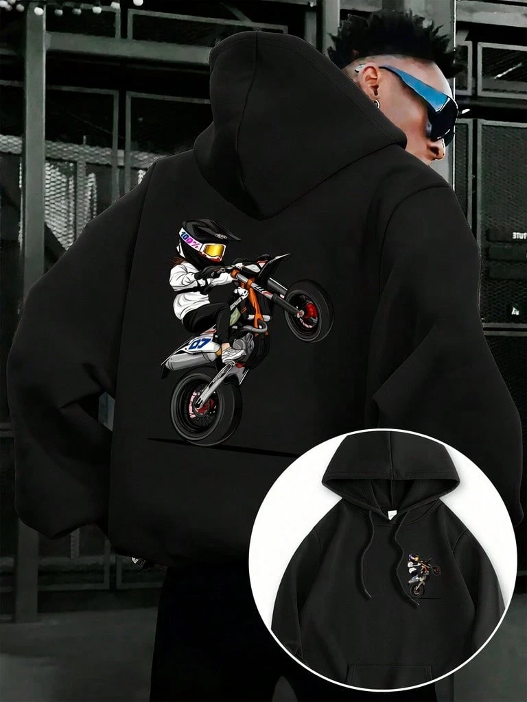 1 Men's Hoodie: Cotton-Polyester Blend, Exquisite Print, Suitable For Outdoor Use In Autumn And Winter. - 黑色 - 查看 1