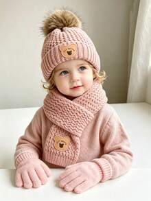 Autumn/Winter Children's Hat Set - Warm Plush Knitted Bear Design Hat, Suitable For 1-3 Years Old Boys And Girls - Multicolor - View 2