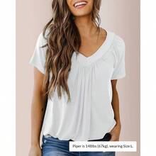 Women's Solid V-Neck Blouse, Pleated Short Raglan Sleeve Loose-Fit Bubble Hem Top, Casual Summer Everyday Shirt - White - View 1