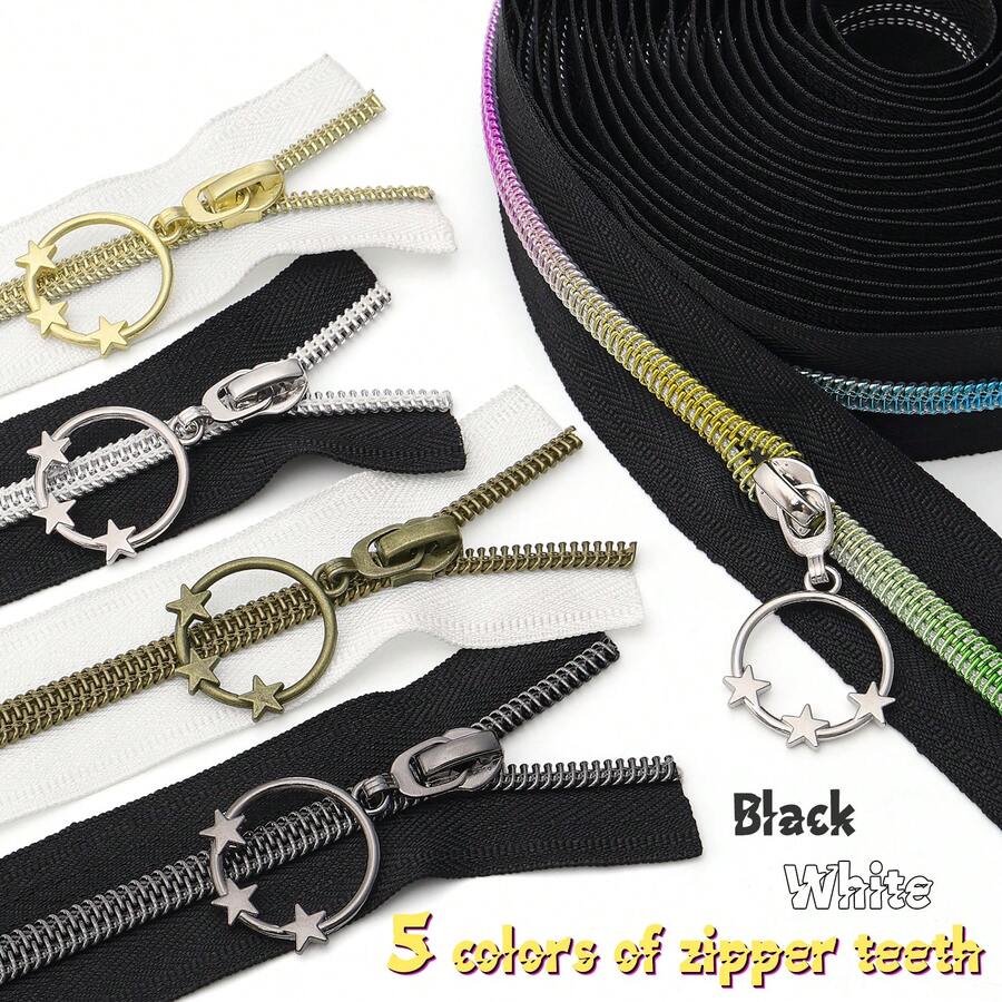 1 Set (Ritsleting 450cm + 10 Kepala Ritsleting), Ritsleting Gigi Elektroplating Hitam & Putih #5, Gigi Ritsleting Berbagai Warna, Kepala Ritsleting Bulat & Bintang Warna Senada, Cocok Untuk Dompet, Kantong Pakaian, Tekstil Rumah Tangga, Tas Penyimpanan, Ritsleting Pengganti DIY - 5#ddy-XXX - View 1