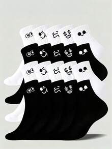 1/3/5/10/15/20 Pairs Cartoon Pattern Unisex Couple Sports Socks Mid-Calf Socks Spring Summer Holiday Gift Autumn - Black and White - View 1