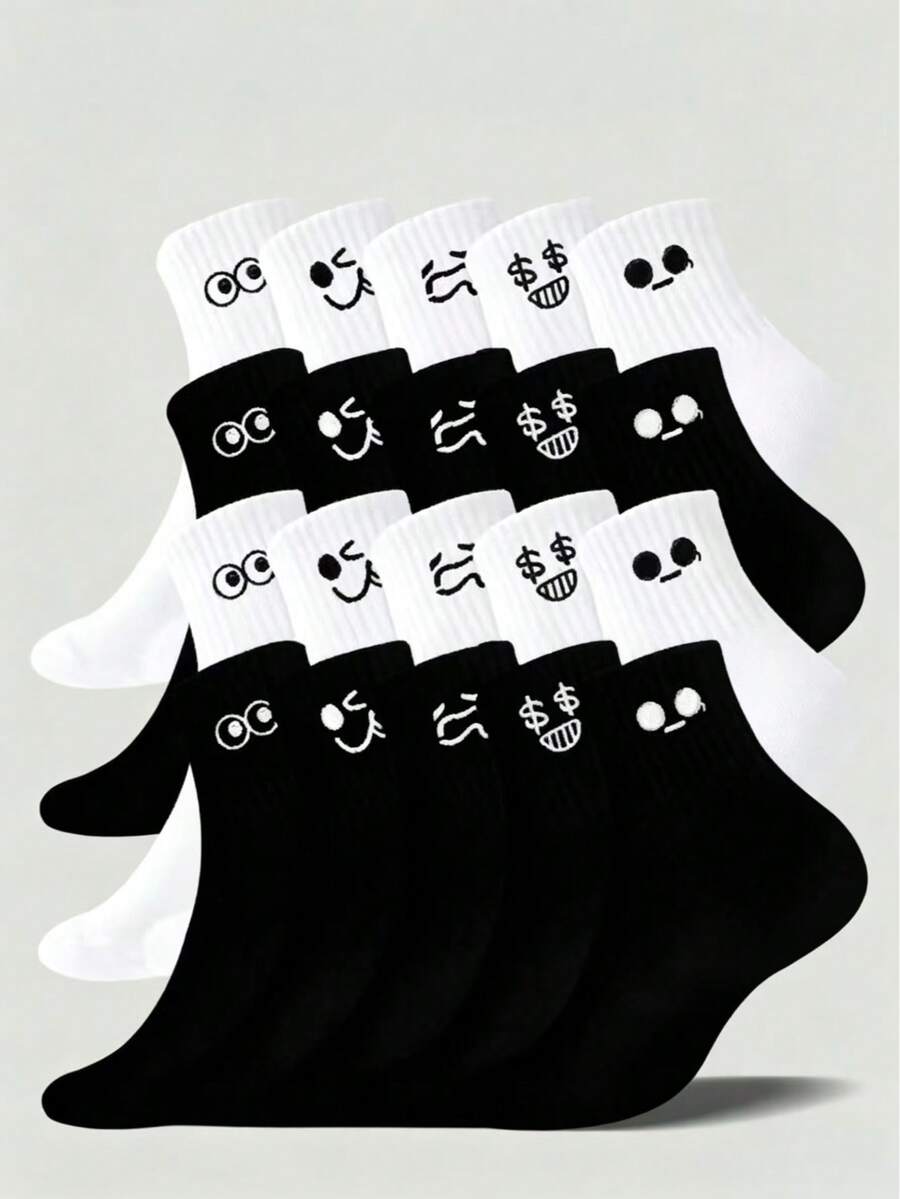 1/3/5/10/15/20 Pairs Cartoon Pattern Unisex Couple Sports Socks Mid-Calf Socks Spring Summer Holiday Gift Autumn - Black and White - View 1