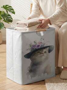 1pc Storage Basket, Laundry Hamper, Washing Basket, Storage Bin, Kitten Print Design, Foldable Multipurpose Storage Box With Wooden Handles, Ideal For Daily Clothes Storage And Arrangement - Multicolor - View 3