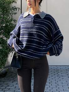 Hot Girl Retro College Striped Collared Button-Down Soft Knit Casual Sweater - Royal Blue - View 1