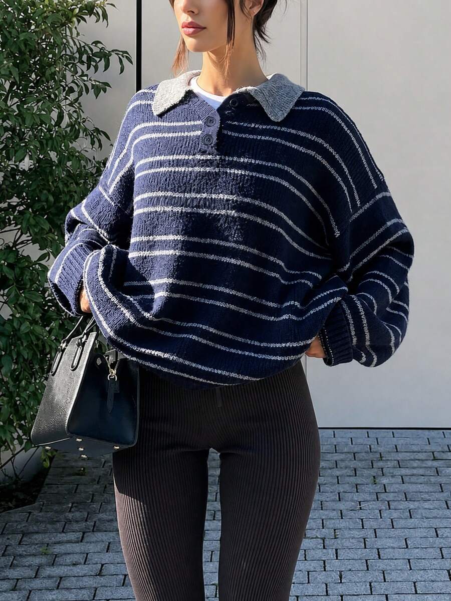 Hot Girl Retro College Striped Collared Button-Down Soft Knit Casual Sweater - Royal Blue - View 1